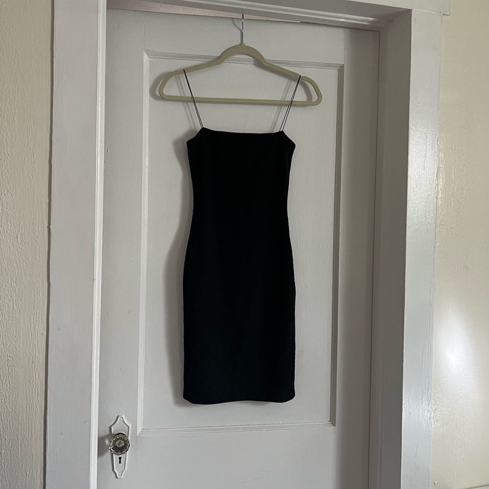 Black square neck spaghetti strap mini dress